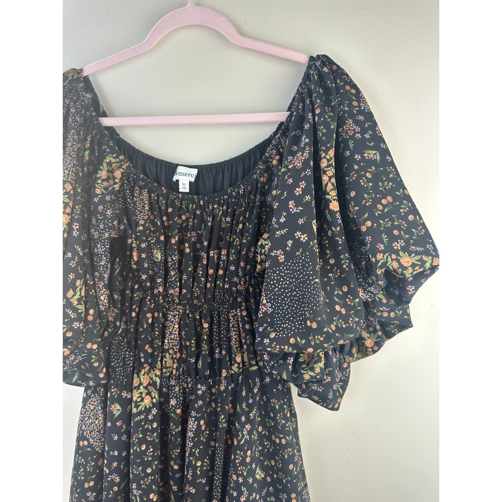 &merci Off the Shoulder Smocked Mini Dress Black Medium Floral Puff Sleeve Boho - Picture 4 of 10